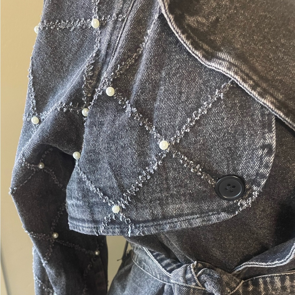 Distressed Denim Trench Coat, Black /Gry. w/ Pearl & Silver Accents, S, M , L - Picture 8 of 16